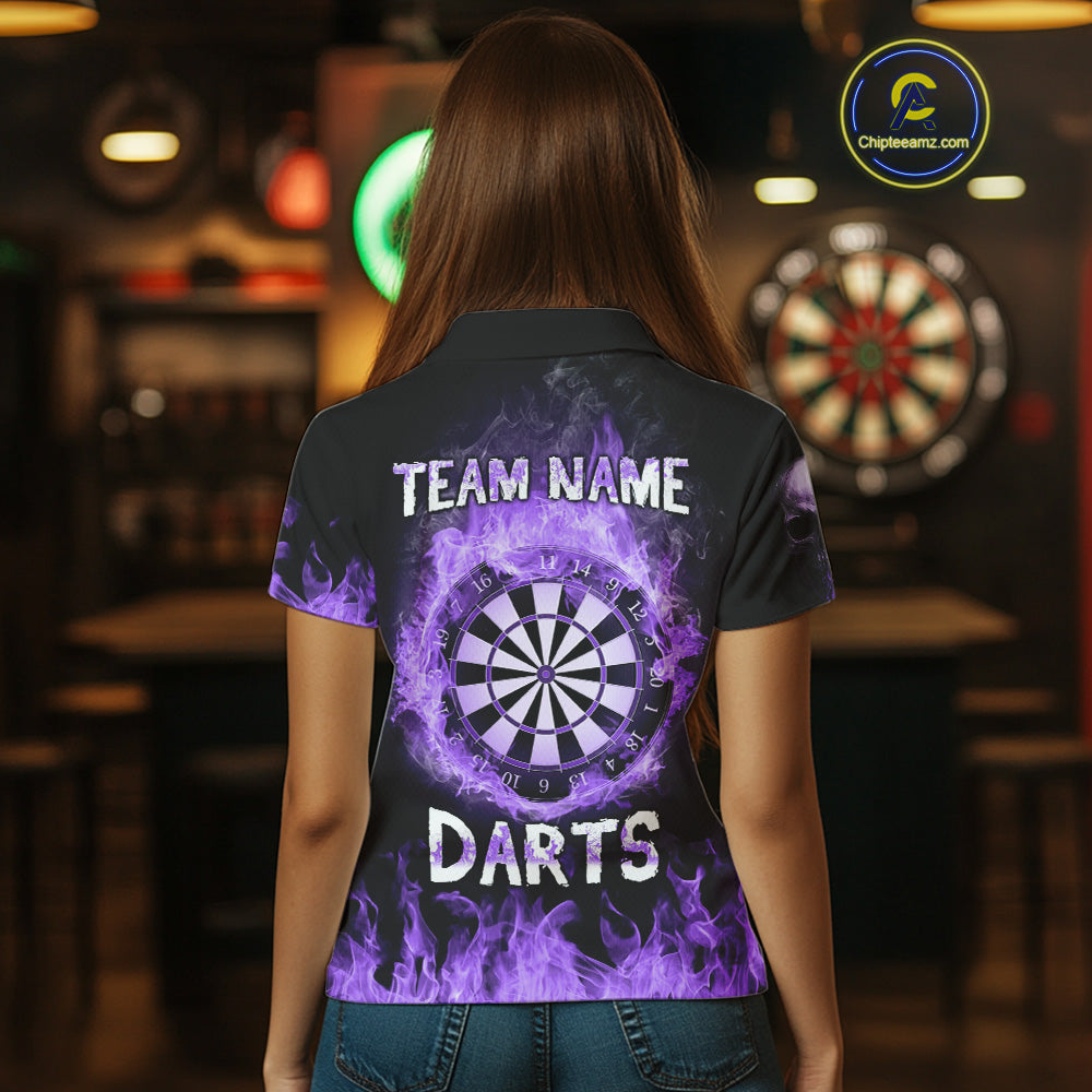 Custom Purple Fire Skull Multi-Flame Dartboard Dart Women Polo Shirts, Dart Team Jerseys NYN1554