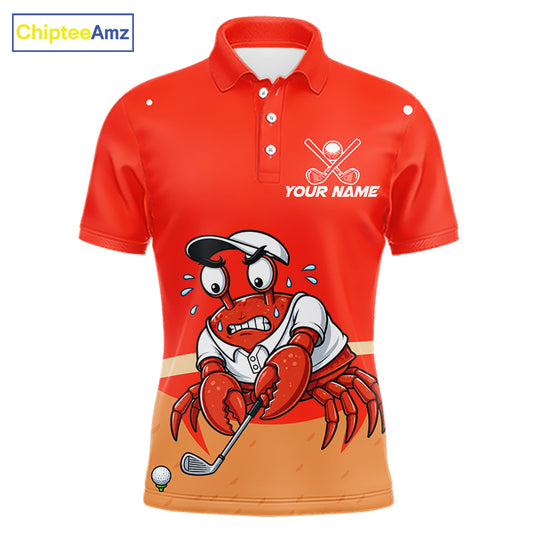 Personalized Red Crab men's golf polo, funny crab golfer shirt, moisture-wicking golf apparel, custom golf team uniform