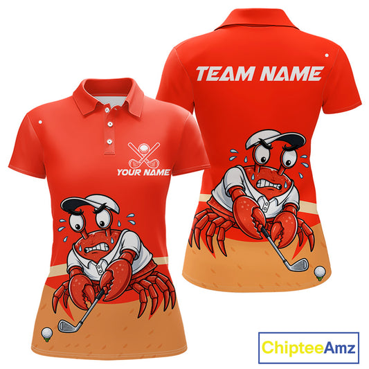Personalized Red Crab women's golf polo shirt, funny crab mascot, golf team uniform, lightweight golf clothing, beach golf apparel