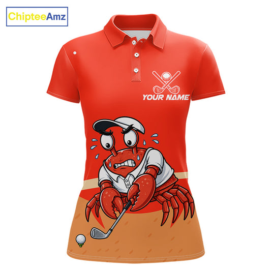 Personalized Red Crab women's golf polo shirt, funny crab mascot, golf team uniform, lightweight golf clothing, beach golf apparel