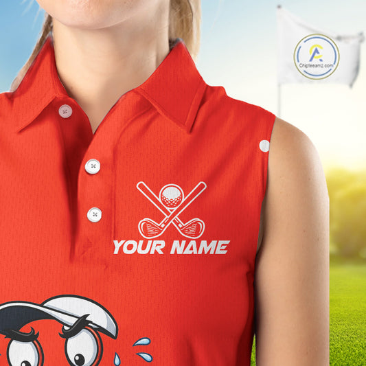 Female golfer wearing Red Crab golf polo, seaside golf outfit, personalized golf apparel, golf vacation clothing, crab golf mascot