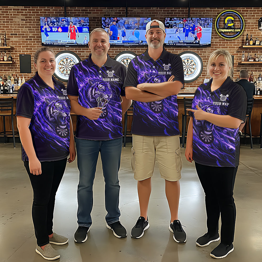 Purple Flaming Tiger Funny Darts Custom Women's Dart Quarter-Zip Shirts Team Dart League Jerseys NYN2077
