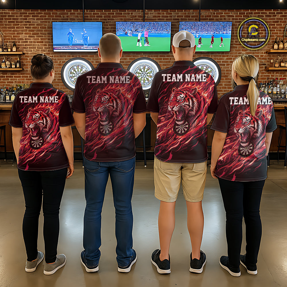 Red Flaming Tiger Funny Darts Custom Women's Dart Polo Shirts Team Dart League Jerseys NYN2078