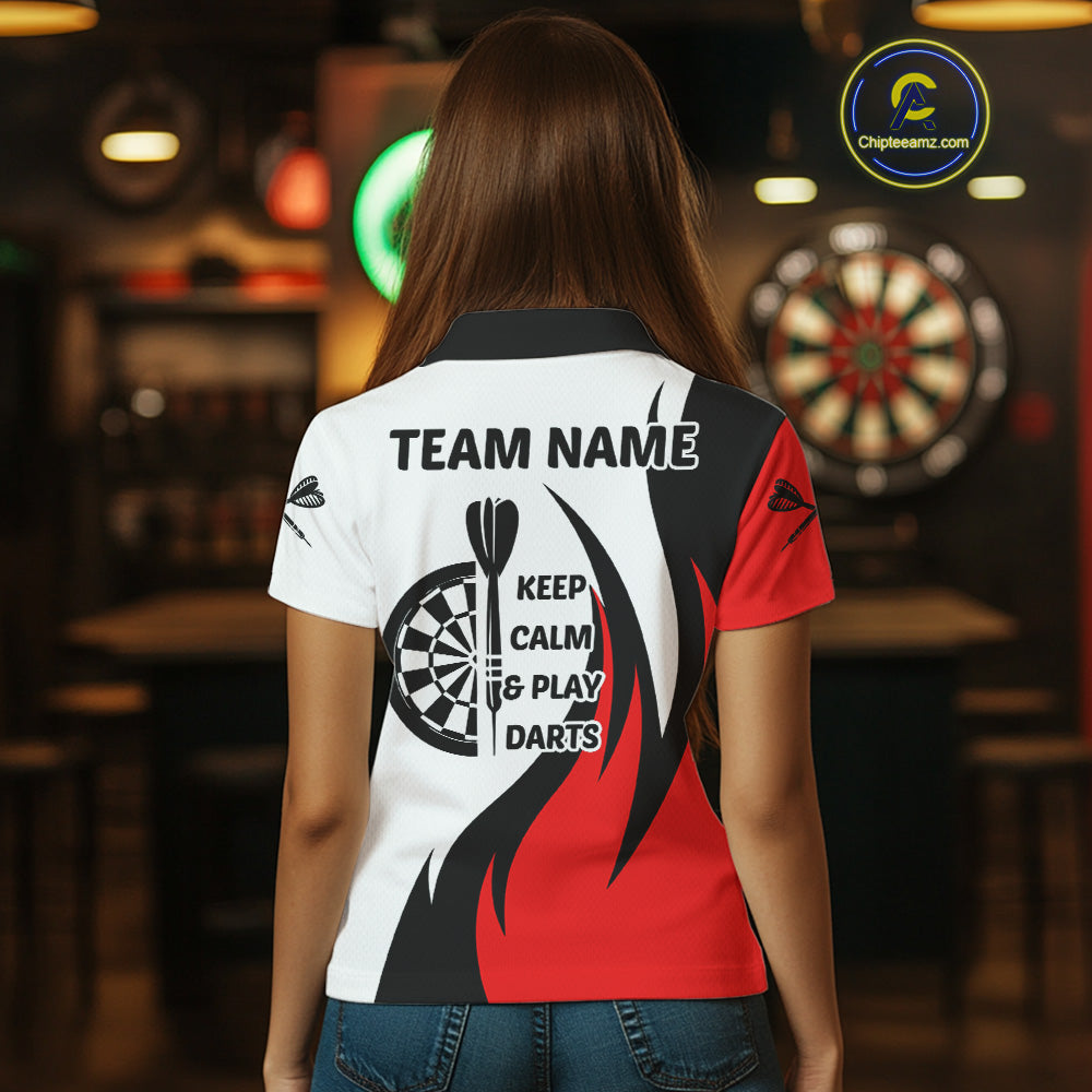 Keep Calm & Play Darts Custom Black-Red Dartboard Dart Shirts For Women Dart Team Jerseys NYN0061