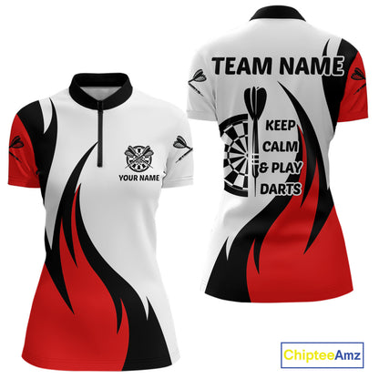 Keep Calm & Play Darts Custom Black-Red Dartboard Dart Shirts For Women Dart Team Jerseys NYN0061