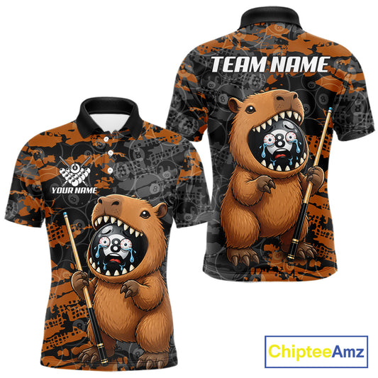 Custom Black Brown Capybara Men's Billiard Polo Shirt, Funny Capybara Pool League Jersey