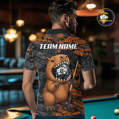 Male model wearing Funny Capybara pool polo, novelty billiards jersey, tournament fashion