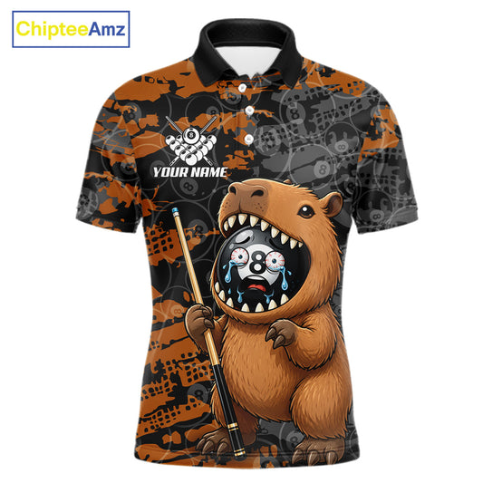 Custom Black Brown Capybara Men's Billiard Polo Shirt, Funny Capybara Pool League Jersey