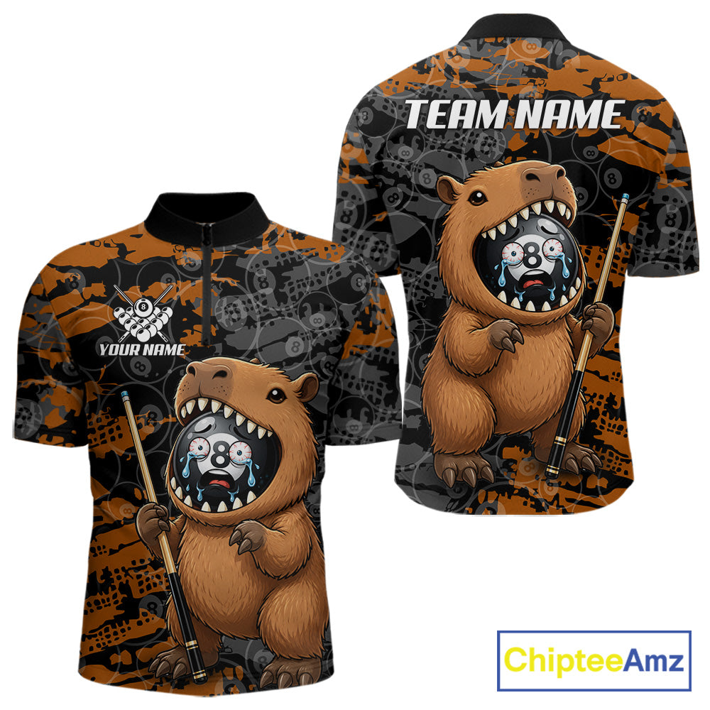 Black Brown Capybara Men's Quarter-Zip Billiard Shirt, Personalized Pool Team Jersey