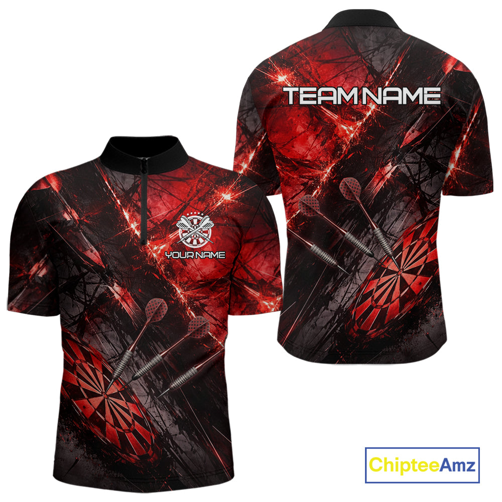 Personalized Black & Red Grunge Dartboard & Arrow Men Darts Quarter-Zip Shirt Custom Dart Team Jersey NYN2618