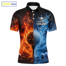 Load image into Gallery viewer, Blue water red flames mens golf polo shirt golf outfit