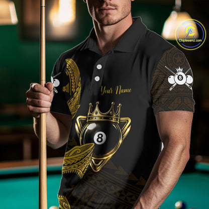 Gold 8 Ball Crown Men's Billiard Polo & 1/4 Zip Shirt Custom Tribal Billiard Attire Gifts NYN2345