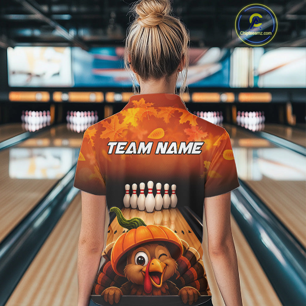 Personalized Funny Turkey Autumn Bowling Shirts For Women Thanksgiving Bowling Team Polo 1/4-Zip Shirt NYN3931