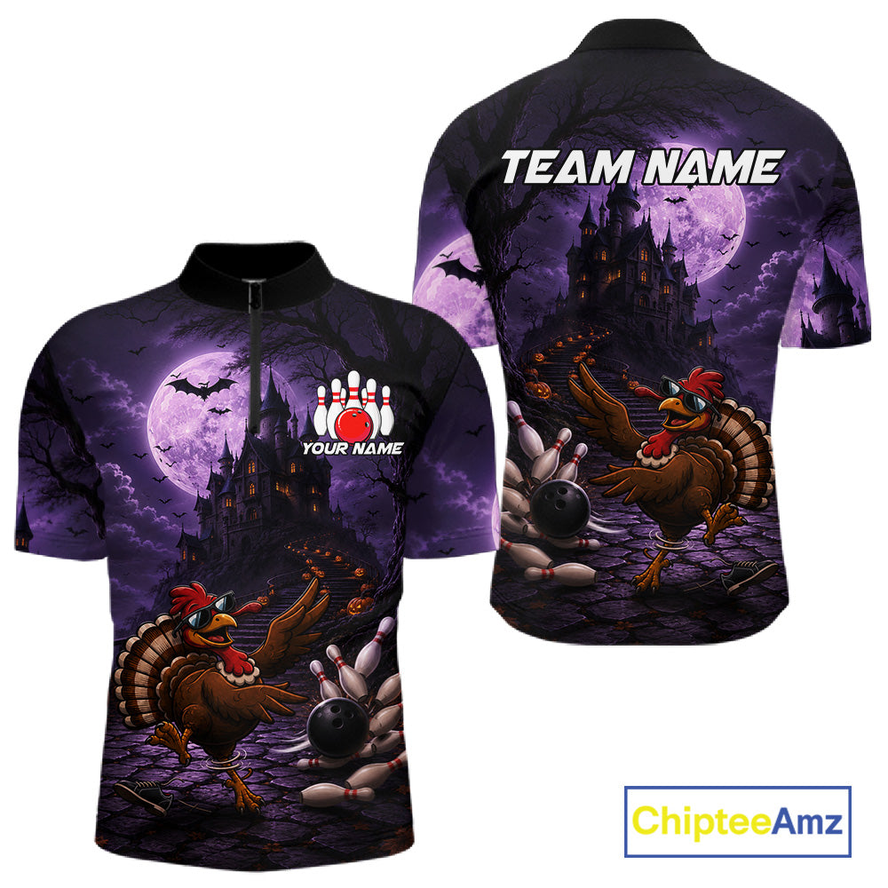 Funny Turkey Autumn Bowling Shirts For Men Custom Thanksgiving Bowling Polo 1/4-Zip Team Uniform NYN3932