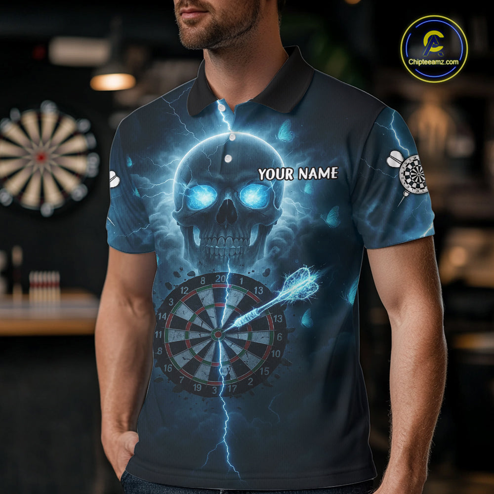 Custom Blue Skull Butterflies Lightning Dartboard Men Darts Polo Shirt, Dart Jerseys NYN1842