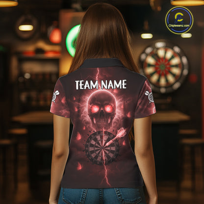Custom Red Skull Butterflies Lightning Dartboard Women Darts Polo Shirt, Dart Jerseys NYN1843