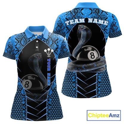 Personalized Cobra Snake Women Billiard Team Shirt Blue 8 Ball Billiard Polo & 1/4 Zip Attire NYN2365