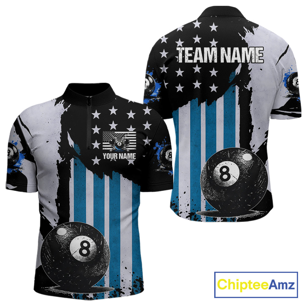 Patriotic Grunge Blue 8 Ball Men Billiard Polo & 1/4 Zip Shirt Custom Pool Billiard Jerseys NYN2358