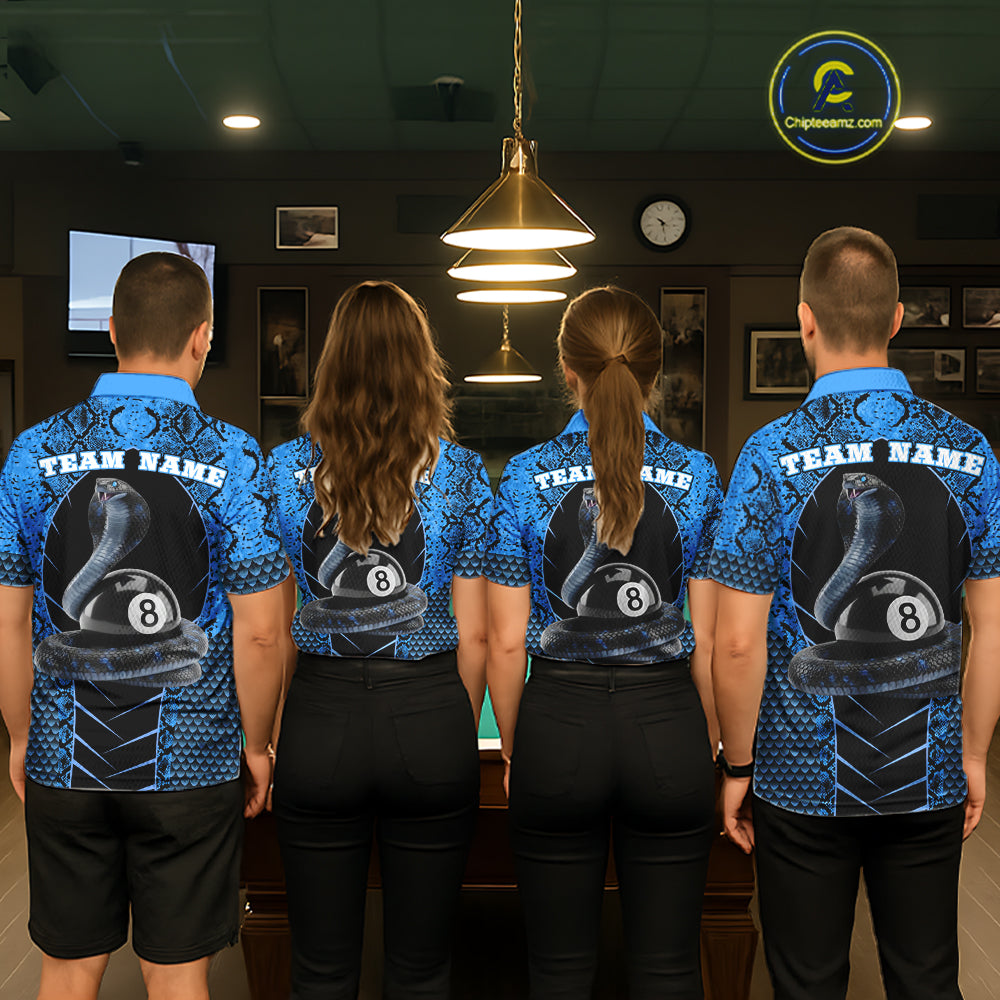 Personalized Cobra Snake Women Billiard Team Shirt Blue 8 Ball Billiard Polo & 1/4 Zip Attire NYN2365