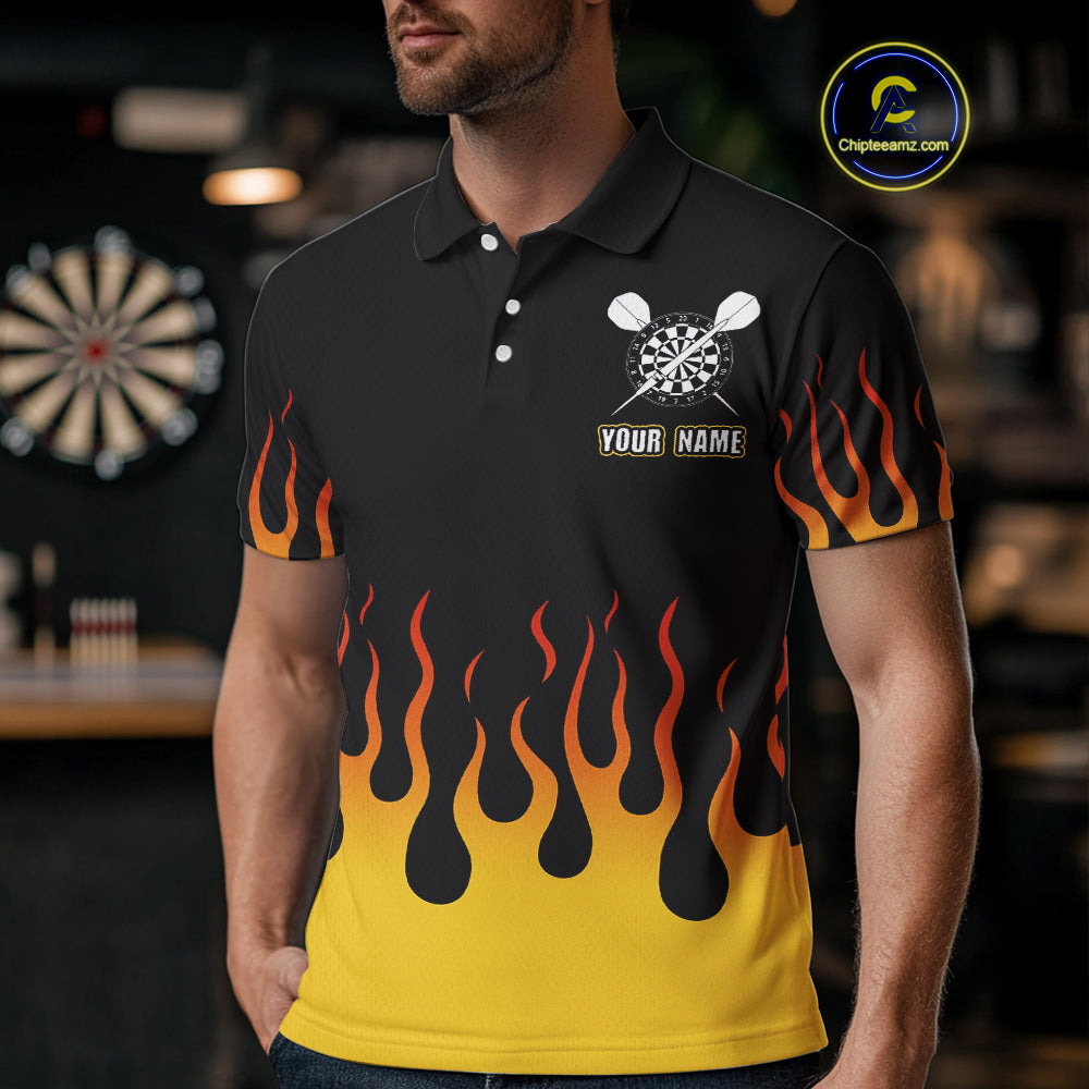 Custom Yellow Fire Flame Cracked Skull Dart Polo & 1/4 Zip Shirts For Men Dart Team Jerseys NYN0068