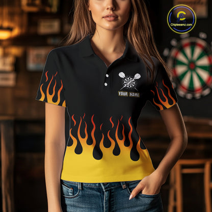 Custom Yellow Fire Flame Cracked Skull Dart Polo & 1/4 Zip Shirts For Women Dart Team Jerseys NYN0068