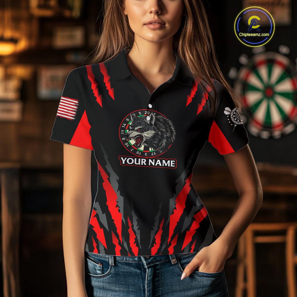 Custom Black-Red Wolf Dartboard Dart Shirts For Women US Flag Dart Team Jerseys NYN0073