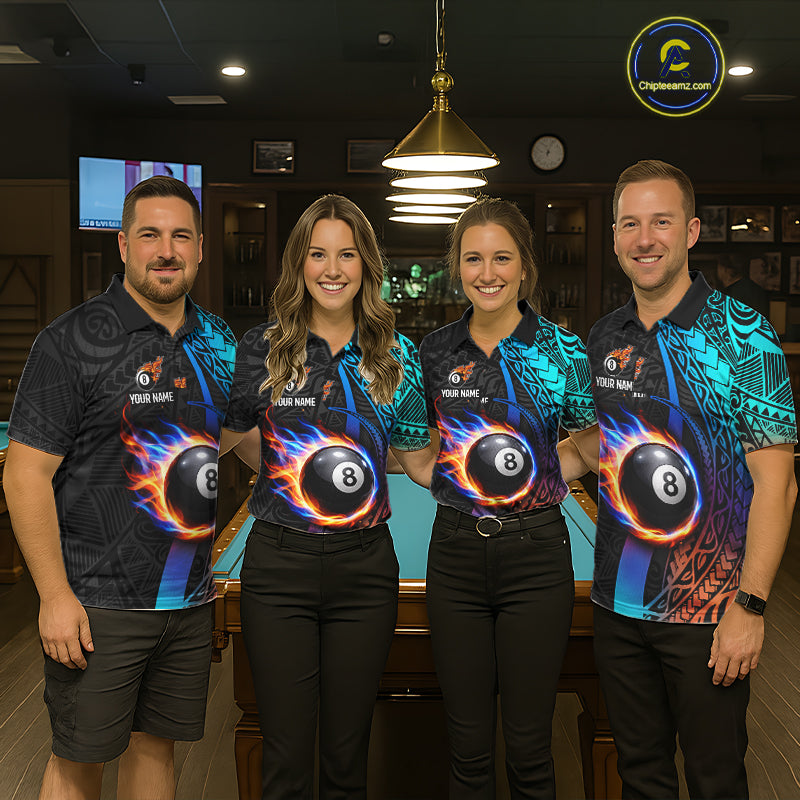 Blue And Red Flaming 8 Ball Billiard Shirt For Men Custom Tribal Pool Polo & 1/4-Zip Team Jersey NYN2987