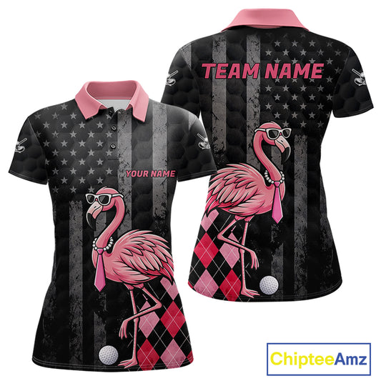Custom Black Patriotic Golf Polo Shirts For Women, Funny Flamingo Best Golf Clothing Shirts NYN2995