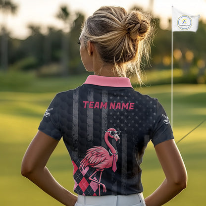 Custom Black Patriotic Golf Polo Shirts For Women, Funny Flamingo Best Golf Clothing Shirts NYN2995