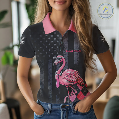 Custom Black Patriotic Golf Polo Shirts For Women, Funny Flamingo Best Golf Clothing Shirts NYN2995