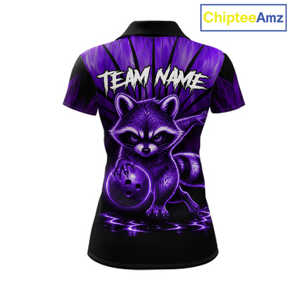 Purple Flames Funny Raccoon Bowling Shirt For Women Custom Bowling Team Jersey For Bowlers