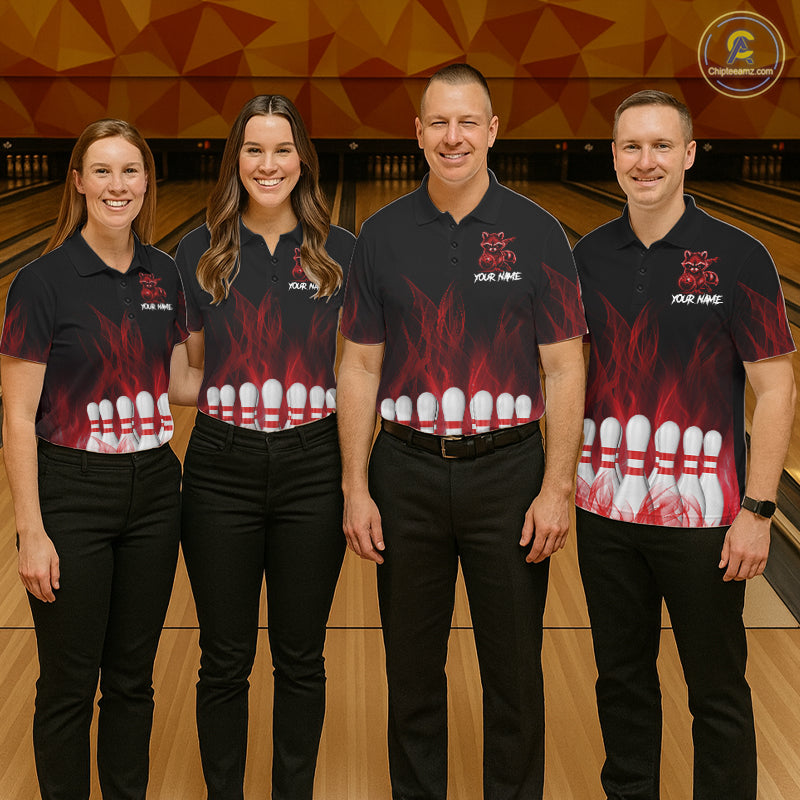 Red Flames Custom Funny Raccoon Mens Bowling Shirts Bowling Team Shirt For Bowlers NYN3411