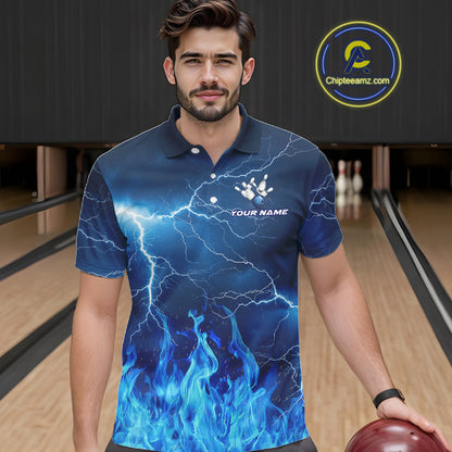 Custom Mens Bowling Thunder Lightning Shirts, Fire Flame Bowling Team Jerseys | Blue NYN3419