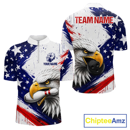 Men's custom quarter-zip bowling jersey featuring grunge eagle artwork, moisture-wicking performance apparel for bowling tournaments, veterans, hunters, wildlife lovers and championship bowlers, symbolizing honor, vision, resilience and excellence
