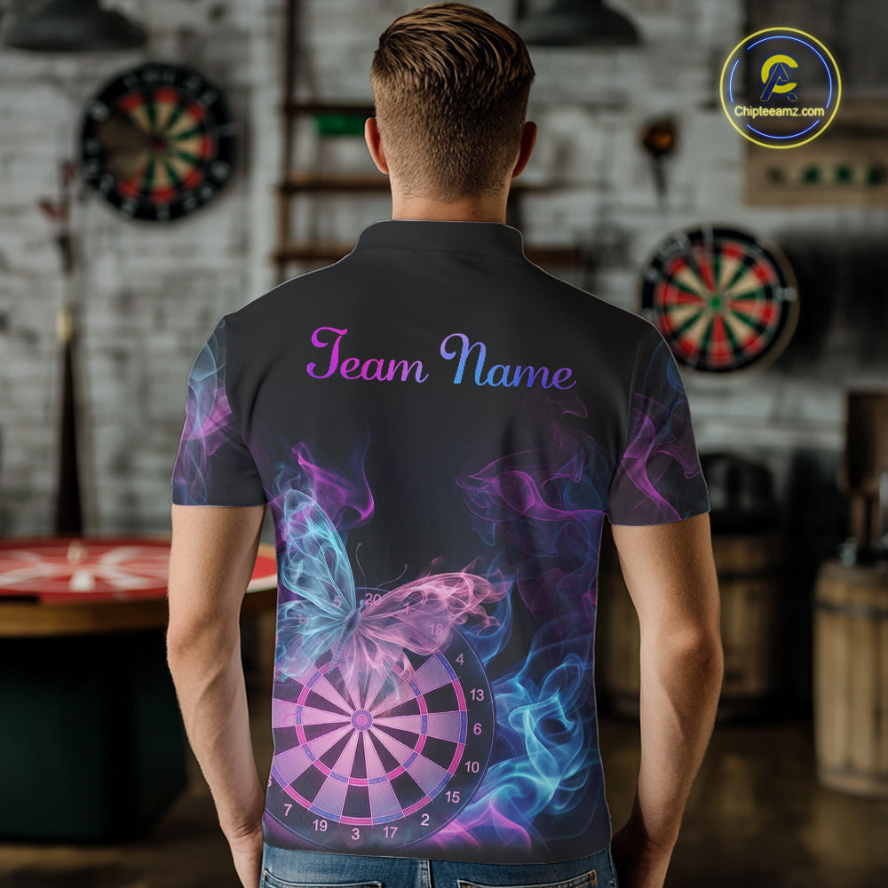 Smoke Butterfly Dartboard Men Dart Polo & 1/4-Zip Shirt Custom Blue Pink Dart Jersey For Darters NYN3001