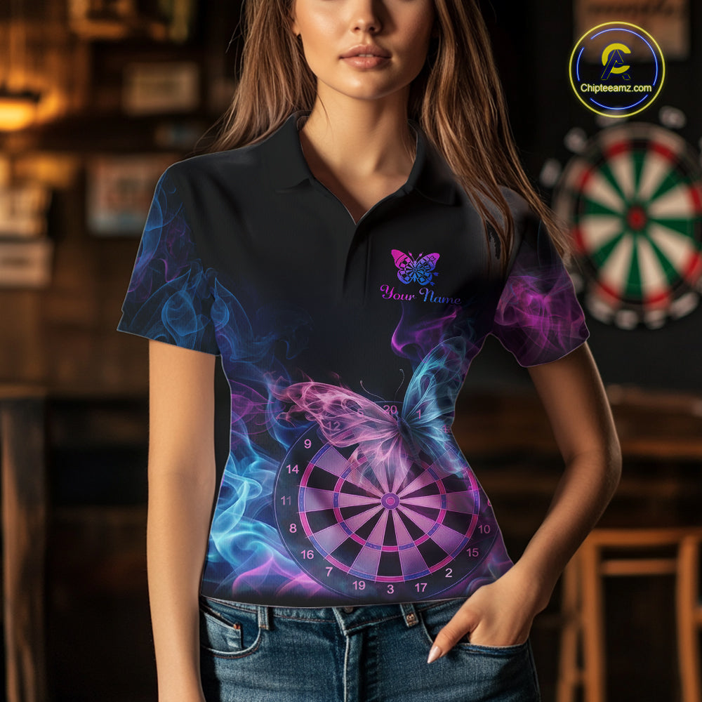 Smoke Butterfly Dartboard Women Dart Polo & 1/4-Zip Shirt Custom Blue Pink Dart Jersey For Darters NYN3001