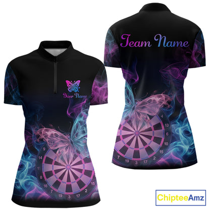 Smoke Butterfly Dartboard Women Dart Polo & 1/4-Zip Shirt Custom Blue Pink Dart Jersey For Darters NYN3001