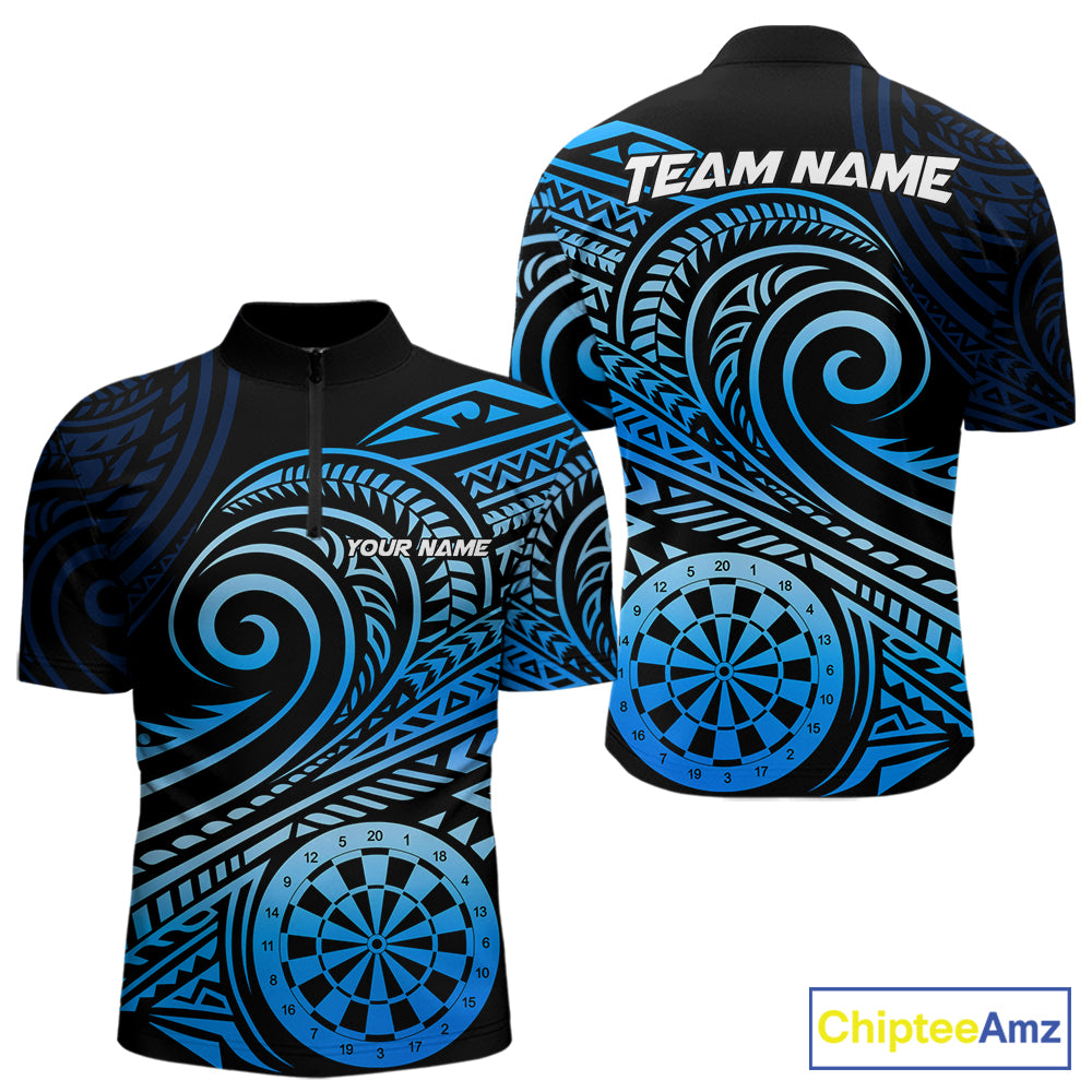 Black Blue Tribal Pattern Men Darts Polo & 1/4-Zip Shirt Personalized Tribal Dart Team Appeal NYN3007