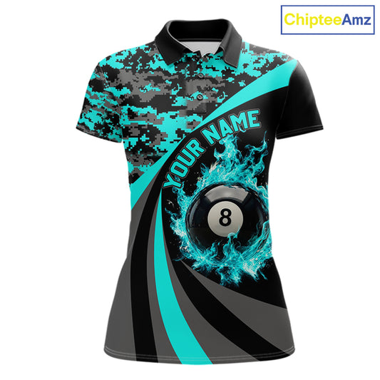Black Teal Camo Flame 8 Ball 9 Ball Pool Shirt For Women Custom Billiard Team Jersey