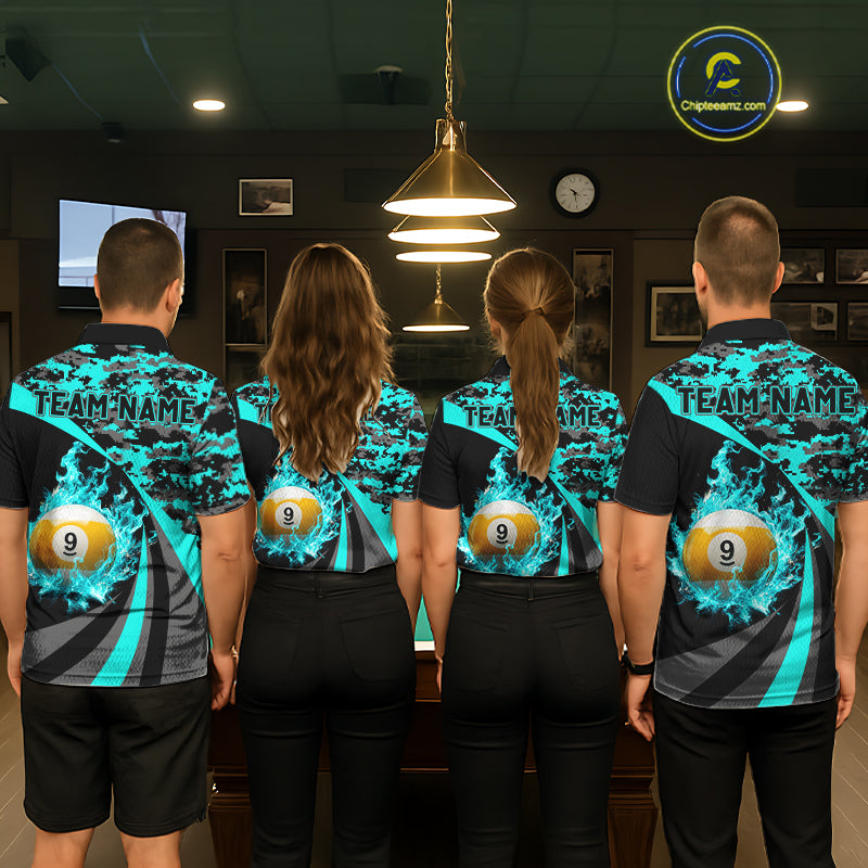 Flame 8 Ball & 9 Ball Billiard Pool Shirt For Men Custom Black And Teal Camo Billiard Team Attire NYN3429