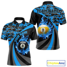 Load image into Gallery viewer, Black Blue Camo Flame 8 Ball 9 Ball Pool Shirt For Men Custom Billiard Team Jersey