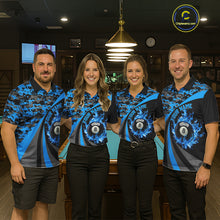 Load image into Gallery viewer, Flame 8 Ball &amp; 9 Ball Billiard Pool Shirt For Women Custom Black And Blue Camo Billiard Team Attire NYN3431
