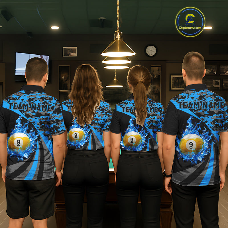 Flame 8 Ball & 9 Ball Billiard Pool Shirt For Men Custom Black And Blue Camo Billiard Team Attire NYN3431