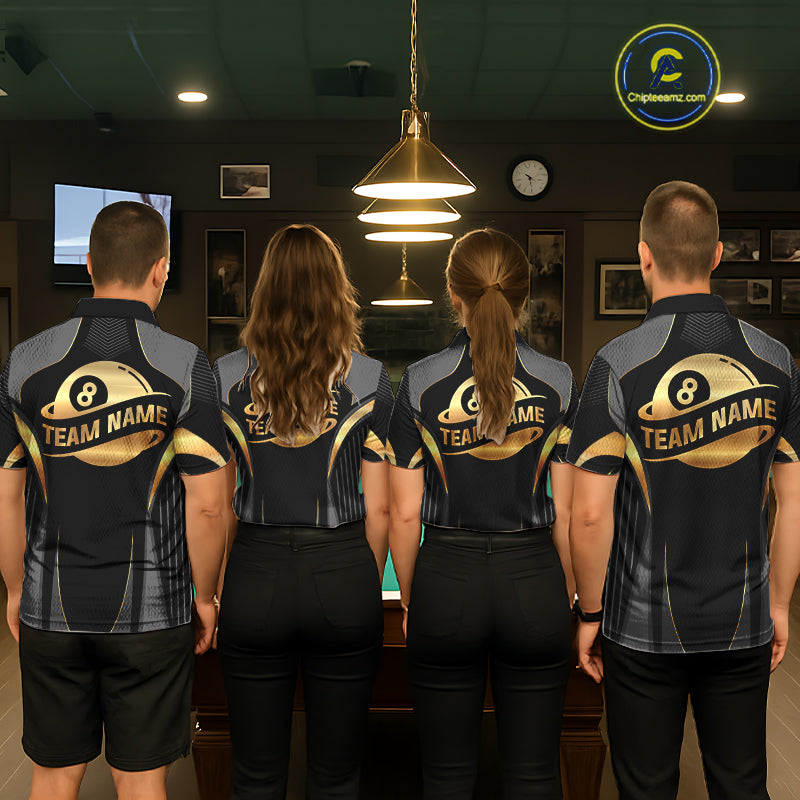 Custom Black And Gold 8 Ball Pool Billiard Shirt For Women Billiard League Polo & 1/4 Zip Jersey NYN3974
