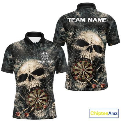 Grunge Horror Grey Skull Vintage Dartboard & Arrow Men Darts Polo Shirt Custom Dart League Shirts NYN2642