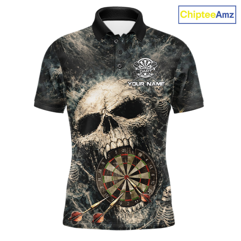 Grunge Horror Grey Skull Vintage Dartboard & Arrow Men Darts Polo Shirt Custom Dart League Shirts NYN2642
