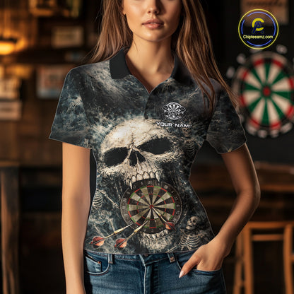 Grunge Horror Grey Skull Vintage Dartboard & Arrow Women Darts Polo Shirt Custom Dart League Shirts NYN2642