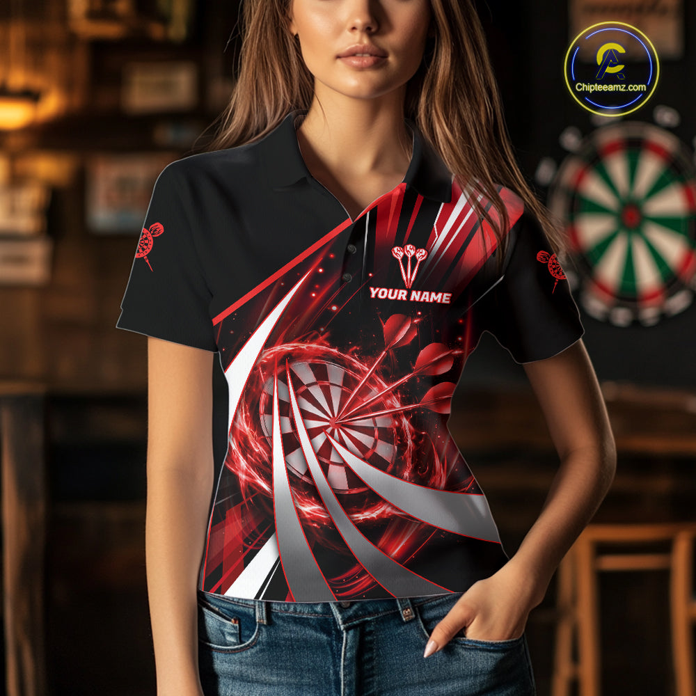 Custom Red Flaming Dartboard & Arrow Women Darts Polo & 1/4-Zip Shirts Dart Team Jerseys NYN2800