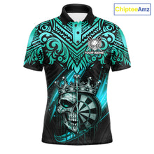 Load image into Gallery viewer, Teal Tribal Cracked Crown Skull Dartboard Men Darts Polo Shirt Custom Dart League Shirt NYN2648