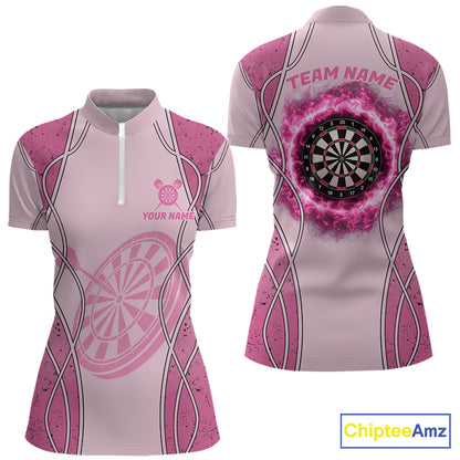Personalized Grunge Pink Flaming Dartboard Women Darts Polo & 1/4-Zip Shirts Dart Team Jerseys NYN2810